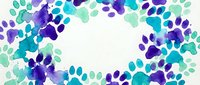 Watercolor paw prints frame in purple, teal and blue tones forming an oval border with white copy space in the center.
