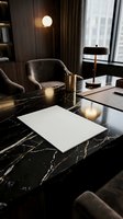 Luxury office interior with black marble desk, blank paper, modern chair and warm lighting for professional business workspace design.
