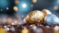 Festive chocolate Easter eggs wrapped in golden and silver foil on dark background with soft bokeh lights creating magical holiday atmosphere.