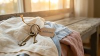Vintage keys with a welcome tag resting on soft linen fabric on a wooden bench, warm sunlight streaming through a window.