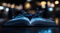 Glowing blue financial charts and graphs emerging from open book pages against dark background with bokeh lights, representing knowledge and data analysis.