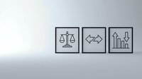 Modern minimalist office wall with three framed business icons showing scales of justice, exchange arrows, and financial growth chart for corporate decor.