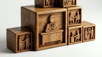 Handcrafted wooden blocks with carved business figures and office scenes, perfect for corporate branding, leadership concepts, and professional presentations.