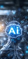Glowing AI symbol surrounded by neural network connections and digital icons in blue tones against dark background, representing artificial intelligence technology.