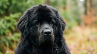 Adorable black Newfoundland puppy with fluffy coat sitting outdoors in natural garden setting with soft bokeh background for pet care and animal content.