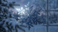 Macro close-up of intricate snowflake crystal with detailed geometric patterns against soft blue winter background for seasonal design projects.