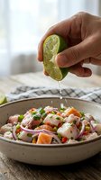 Hand squeezing fresh lime juice over ceviche with raw seafood, diced vegetables, and red onion in ceramic bowl for cooking and food preparation.