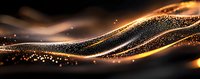 Glowing golden waves with sparkling particles flow on dark background creating magical light effect with bokeh and shimmering elements.
