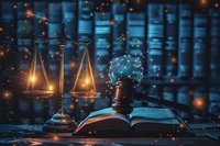 Legal justice concept with glowing scales of justice, gavel and law book against digital background with network connections and light effects. Perfect for law firm websites.