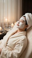 Young Asian woman relaxing with white facial mask in spa bathrobe with towel on head, enjoying skincare treatment surrounded by candles in luxury wellness center.