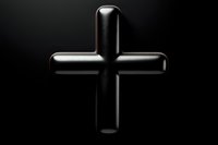 Glossy black cross symbol on dark background with dramatic lighting and shadow effects, creating minimalist religious art suitable for faith-based designs and publications.
