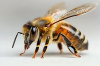 Macro photography of honey bee with detailed view of wings, legs, and compound eyes against light background, showing intricate body structure and golden-brown coloring.