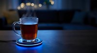 Glass mug of hot tea on illuminated coaster in modern kitchen with warm bokeh lights creating cozy evening atmosphere for relaxation and comfort.