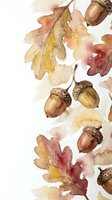 Watercolor autumn oak leaves and acorns in warm fall colors on white background. Seasonal botanical illustration for harvest decorations and nature designs.