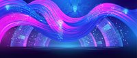Digital wave flowing through futuristic cyber space with glowing particles and neon lights creating abstract technology background for modern design projects.