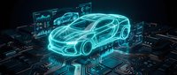Futuristic holographic car projection with glowing blue wireframe design on digital circuit board background for automotive technology concepts.