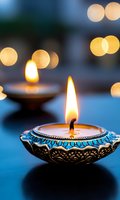 Decorative oil lamp with burning flame against blurred bokeh lights background. Traditional oriental style metal diya with turquoise ornamental pattern creates peaceful ambiance.
