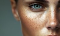 Close up view of bright turquoise eye with natural freckles and glowing skin on young caucasian woman face against green background. Beauty and skincare concept.