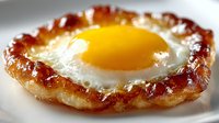 Crispy fried egg with golden yolk and caramelized edges on white plate for breakfast menu design and culinary content.
