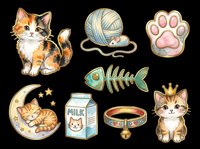 Cute cat clipart set isolated on transparent background, featuring kittens, paw, fish bone, yarn, milk carton, moon, and collar for stickers, T-shirts, print on demand.