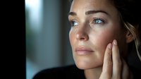 Young adult woman with olive complexion and dark hair touching her face, expressing concern or contemplation in indoor setting with soft lighting.