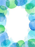 Watercolor ocean frame with marine life silhouettes in blue and green tones, white center space for text or design elements.