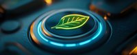 Glowing green leaf icon on futuristic blue button with neon ring, representing eco-friendly technology, sustainability, and environmental innovation for digital interfaces.