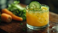 Fresh carrot cucumber juice with chia seeds in glass on wooden table. Healthy detox smoothie drink for weight loss and wellness lifestyle.