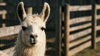 White llama standing in farm enclosure with wooden fence and gate in background, suitable for agriculture, livestock, and rural lifestyle content.