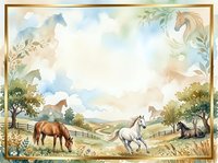 Watercolor countryside landscape frame with horses grazing in pastoral meadow, rolling hills, trees and farmhouse creating rustic border for text or design.