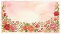 Vintage floral border with red and pink roses, peonies, and decorative hearts on watercolor background. Romantic design for invitations, cards, and stationery projects.