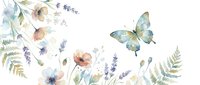 Watercolor wildflowers, lavender, ferns and butterfly on white background for botanical designs, wedding invitations, greeting cards and nature-themed projects.