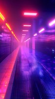 Futuristic corridor with neon lighting in pink, purple and blue colors creating atmospheric perspective along empty hallway with reflective floor and grid pattern.