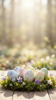 Colorful painted Easter eggs nestled in moss with purple flowers on wooden surface against soft blurred spring forest background for holiday celebrations.