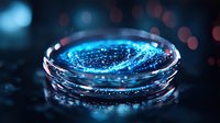 Glowing blue particles swirling in glass petri dish against dark background with bokeh lights, creating magical scientific atmosphere for research concepts.