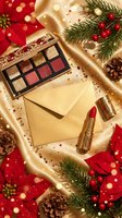 Luxury Christmas makeup flatlay with eyeshadow palette, red lipstick, gold envelope on satin, surrounded by poinsettias, pine cones, and festive decor.
