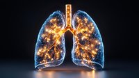 Glowing anatomical lungs with luminous golden light effects against dark background, medical visualization showing detailed bronchial structure and respiratory system.