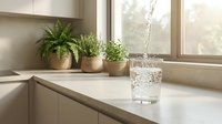 Glass of fresh water with ice cubes on kitchen counter near window, potted green plants on windowsill, modern minimalist interior design for home decor and lifestyle.