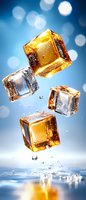 Falling golden and clear ice cubes with water drops splashing against blue bokeh background, dynamic liquid motion capture for beverage and cocktail advertising.