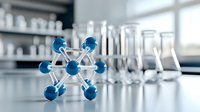 Molecular structure model with blue spheres connected by silver rods on laboratory table with glass equipment and blurred background. Scientific research concept.