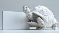 White tortoise sculpture with blank card on gray background for business presentation and marketing materials.