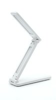 White foldable LED desk lamp isolated on white background, compact and portable design for home office, study, or travel use.