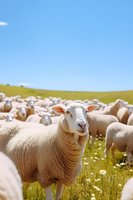 Curious sheep looking at camera while grazing with flock in green meadow with wildflowers under bright blue summer sky. Agricultural landscape.