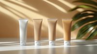 Blank cosmetic tubes mockup on beige background with palm leaf shadow and sunlight. Clean minimal skincare packaging design presentation.