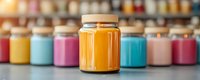 Glass jar with orange smoothie or juice in focus, colorful pastel containers blurred in background on gray counter, fresh healthy drink presentation.