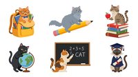 Cartoon cats in various school and education scenarios isolated on white background, ready for educational materials, children's books, and classroom design projects.