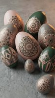 Decorative Easter eggs with intricate mandala patterns in pink and green colors arranged on textured surface for spring holiday celebration.