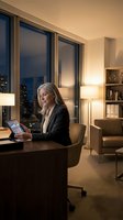 Senior woman with long gray hair, Caucasian ethnicity, wearing dark blazer, working at desk in modern high-rise office at dusk with city skyline view through floor-to-ceiling windows, warm ambient lighting, professional environment for business and corporate concepts.