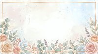Watercolor floral border with peachy roses, eucalyptus, and lavender sprigs on cream background. Isolated design element for invitations, greeting cards, and wedding stationery projects.