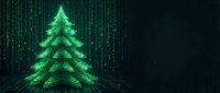 Digital Christmas tree made of glowing green matrix code on dark background. Futuristic holiday concept for tech presentations and cyber celebrations.
